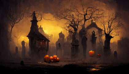 Spooky Halloween scene with scraggly trees, indistinct buildings, and headstones