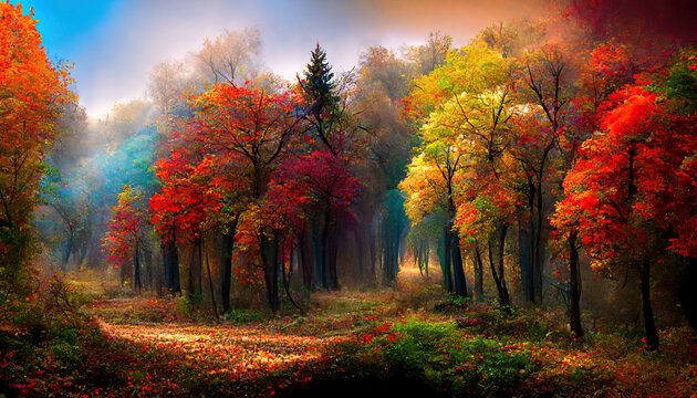 Beautiful colorful fall forest foliage painting