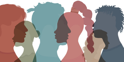 Silhouette profile group of men and women of diverse cultures. Diversity multicultural people. Concept of racial equality and anti-racism. Multiethnic and multiracial community.Friendship