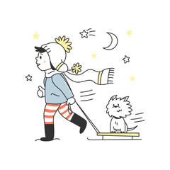 A cute little girl is playing with her dog. A child carries a pet on a sled. Winter illustration linear flat style doodle.