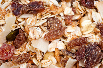 Muesli from oatmeal fruits and nuts, healthy diet food.