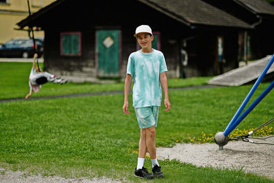Boy playing at playground in Hallstatt, Austria.