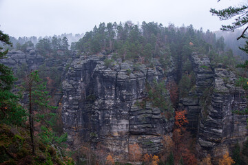 Naklejka premium Autumn landscape of mountains in Bohemian Switzerland National Park, Czech Republic, Czechia.