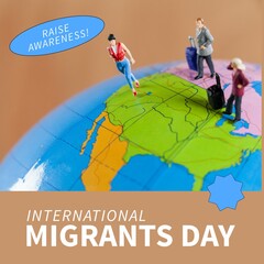 Composition of international migrants day text over people figurines on globe