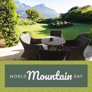 Composition of world mountain day text over landscape with garden and mountains