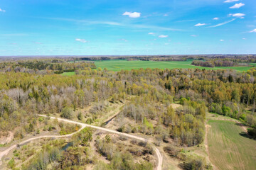 Fototapeta na wymiar Aerial view of forests surrounded by green farmland fields in spring