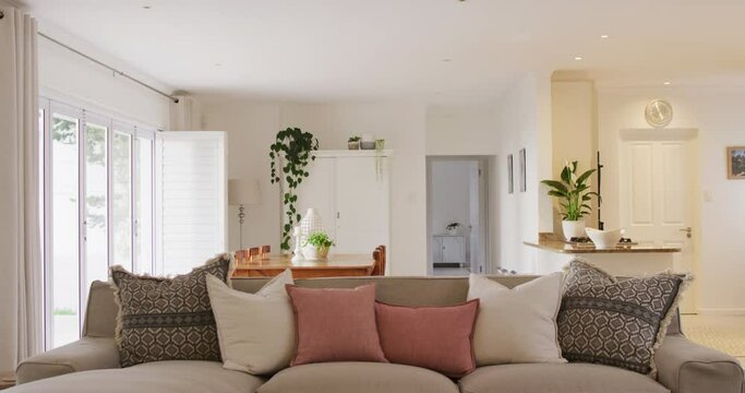 General view of living room and dining room interior with sofa and table