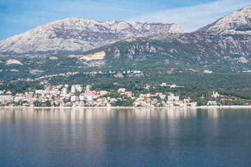 Naklejka premium View of Bay of Kotor from the sea surrounded by mountains in Montenegro, one of the most beautiful bay in the world