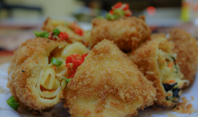 Risoles, a typical Indonesian heavy snack. Made from skin made from flour with a salty and savory vegetable ragout filling.