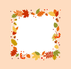 Rectangular autumn frame with colorful leaves, berries and acorns. Flat vector illustration