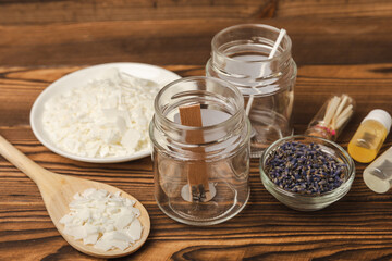 Handmade candles.Soy candle making set.Soy wax, fragrance and essential oil, wick,dried lavender flowers and glass candle holder.DIY.Hobby.place for text. Place to copy.