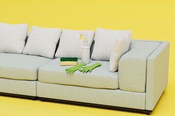cleaning company services. cleaning the sofa with special means. 3d render