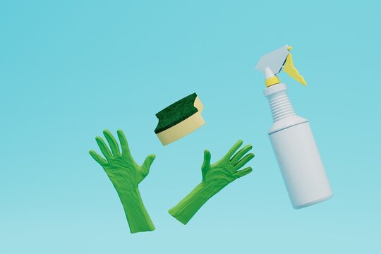 removing dust from surfaces. spray, sponge and rubber gloves on a blue background. 3d render