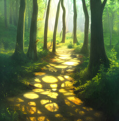 Obraz premium Pathway through a fantasy forest with rays of sunlight shining down. 
