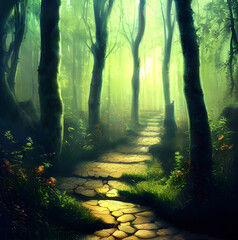Fototapeta premium Pathway through a fantasy forest with rays of sunlight shining down. 