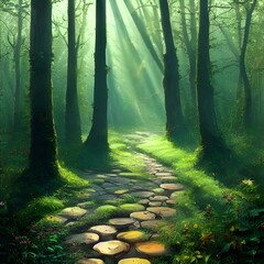 Fototapeta premium Pathway through a fantasy forest with rays of sunlight shining down. 