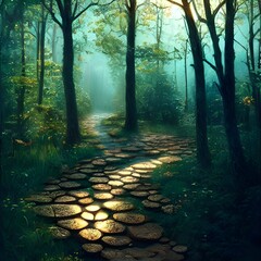 Pathway through a fantasy forest with rays of sunlight shining down. 