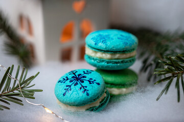 Christmas macarons on a cozy and warm background