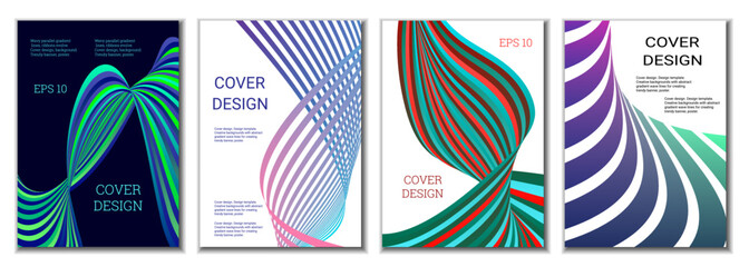 Obraz premium A set of 4 abstract covers. Wavy parallel gradient lines, ribbons evolve. Cover design, background. Trendy banner, poster.