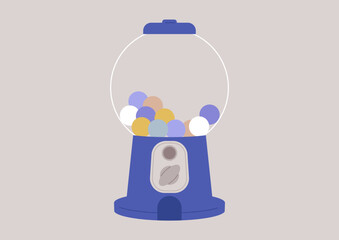 A vintage gum ball machine filled with colorful balls, copy space