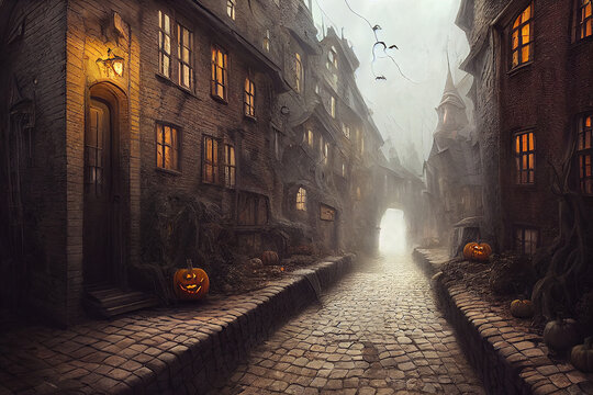 Halloween Hintergrund, gruselige alte Stadt mit K&uuml;rbissen, generative ai technology