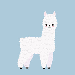 Cute llama isolated on blue background. Funny kawaii alpaca character. Cartoon flat style. illustration