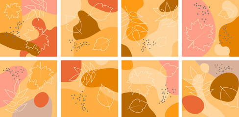 Eight autumn abstract backgrounds. Autumn leaves on the background of abstract figures in pastel colors. Each background is isolated.  Fashionable modern vector illustrations.