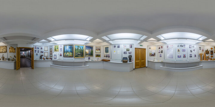 Minsk, Belarus May 19, 2018: Museum Complex and Exhibition - full 360 panorama in equirectangular spherical projection in waterpark, VR content
