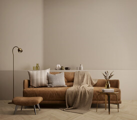 Brown living room with sofa,table and lamp.3d rendering