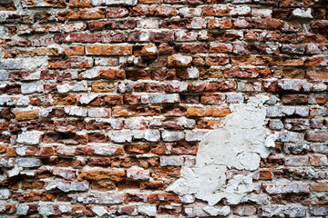Empty Old Brick Wall Texture. Grunge Red Stonewall Background. Shabby Building Facade With Damaged...