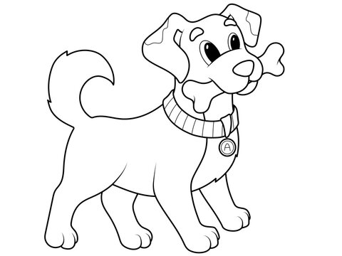Dog with a bone in its mouth. Raster isolated, children coloring book.