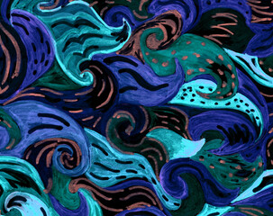 Abstract blue, green and dark swirls look like sea waves. Abstract background with waves. Illustration.