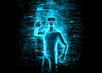 Virtual reality man wearing virtual reality glasses surrounded