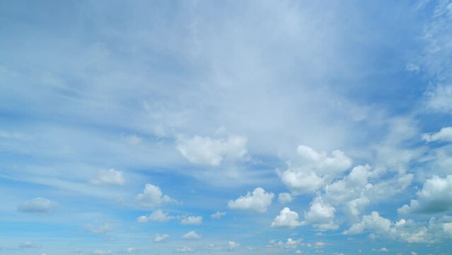 Dynamic cloud time-lapse from calm blue skies to cloudy. Puffy fluffy white clouds. Timelapse.