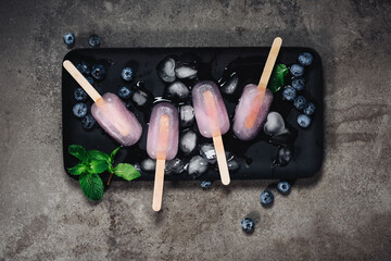 Blueberry mojito popsicles. Refreshing frozen cocktail.