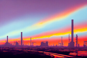Landscape of pollution in city, polluted factory over smog in the air and nature. Industry issue that polluted the planet. Using neural network for painting