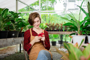 Fototapeta premium Caucasian female farmer inspecting seedlings on a farm. Caring for seed plots in the greenhouse modern agriculture concept Shopkeeper of trees, ornamental plants, landscaping plants at the pond.