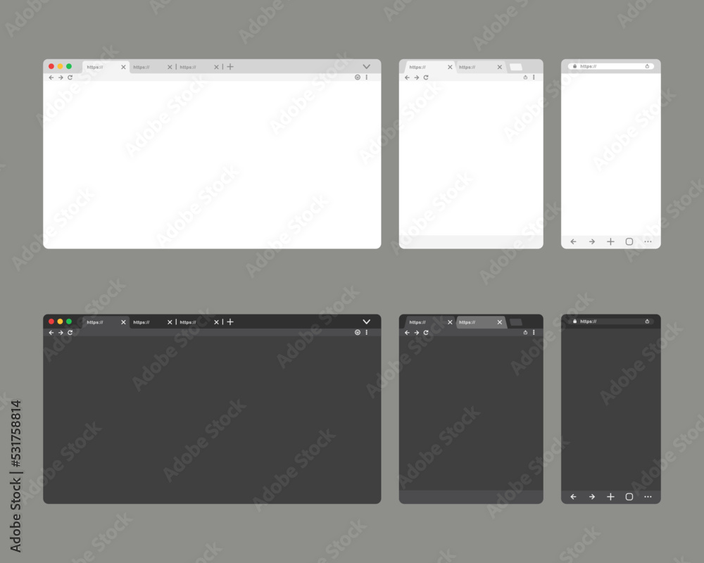 Poster blank browser templates for screens of popular devices laptop, tablet, phone in light and dark mode.