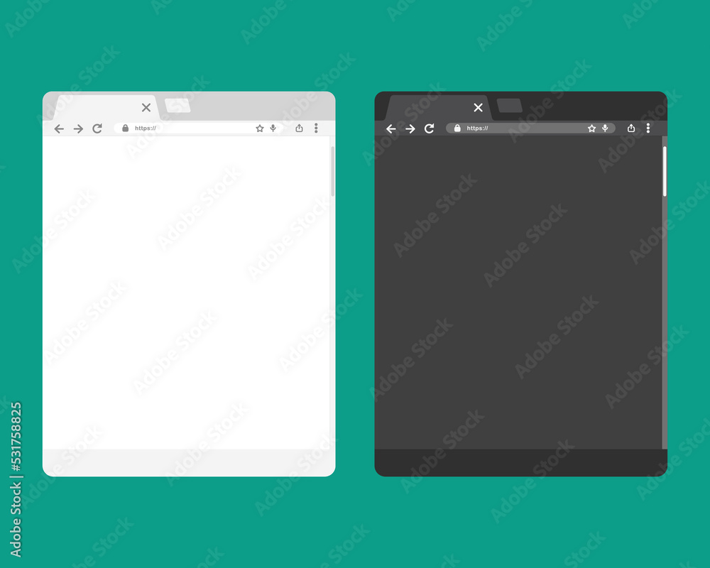 Poster open internet browser mockup with blank screen for tablet in light and dark mode. vector illustratio