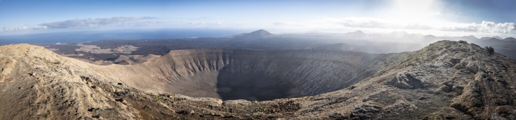 Panoramic image of the crater Caldera Blanca on early morning shot from the highest point. In the...