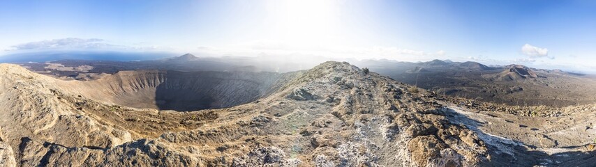 Panoramic image (270 degrees) of the crater Caldera Blanca on early morning shot from the highest point. To the right the Timanfaya National Park. Lanzarote island, Spain. © Andreas Prott