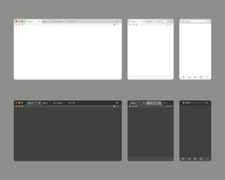 Blank browser templates for screens of popular devices laptop, tablet, phone in light and dark mode. Web browser window with toolbar and tabs. Vector illustration flat design.