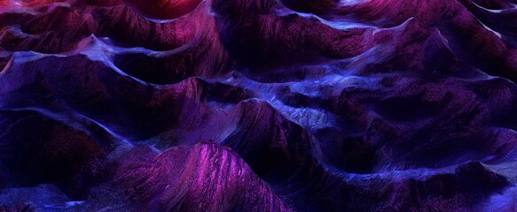 Purple stone waves with blue gradient background. Stream of frozen granite meanders between 3d render quartz hills. Colorful polished texture scenery in natural quarry