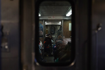 Dark late-night subway train