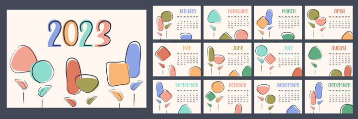 Floral calendar 2023 pages. Horizontal modern monthly planner with abstract flowers, plants. Week starts on Monday. Organizer template with cover in size A4 A3 A2 A5.Vector flat illustration for print
