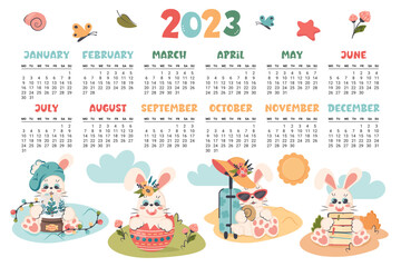 Calendar 2023. Horizontal planner with cute bunny in different seasons.  Cartoon character rabbit  as symbol of new year. Week starts on Monday. Vector flat illustration