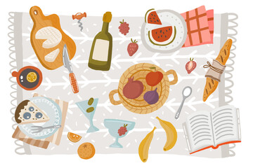 Picnic scene with tasty food, decor, outfit. Cheese plate, watermelon, berry pie, fruit, wine, croissant, tea. Healthy and wholesome food in the fresh air. Cartoon vector illustration