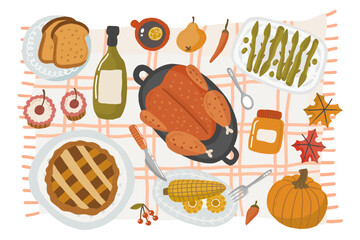 Illustration vector flat cartoon of food on happy Thanksgiving menu. Harvest autumn festival. Roasted turkey and another dishes and delicious menu from top of table view illustration.