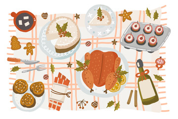 Illustration vector flat cartoon of food on happy Christmas menu on dinner table setting as feast concept. Family celebrating Christmas at home and eating together. Table top view, flat lay