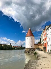 At the riverbank in the historical city center of Passau 